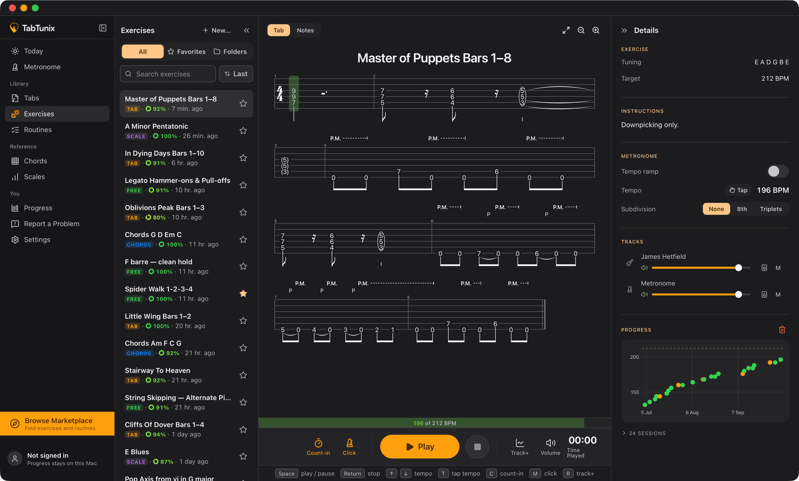 An exercise cut from a tab, practiced at 196 of its 212 BPM, with a chart of every take climbing towards the target