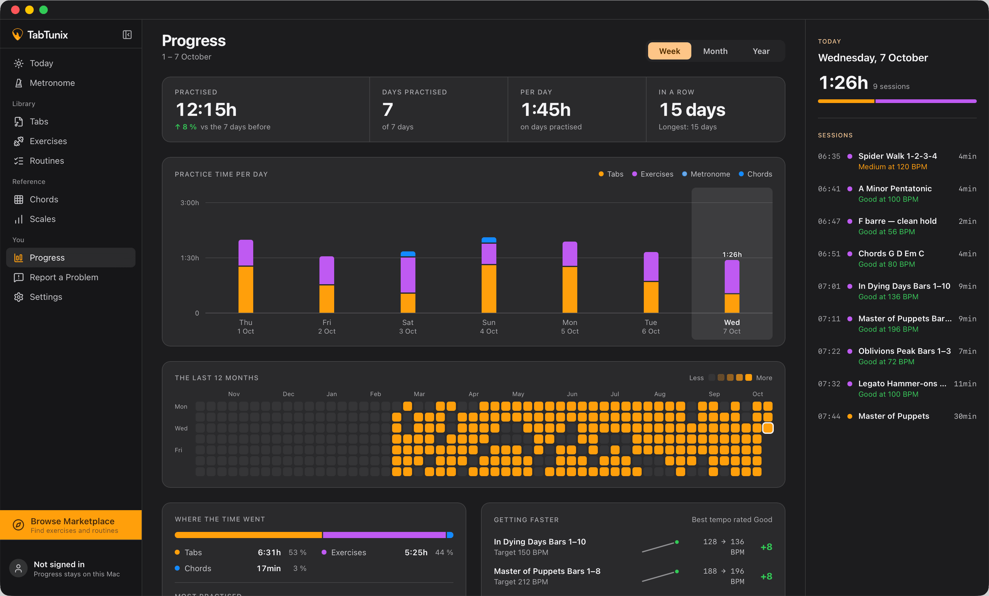 The Progress screen: this week's practice time, the days in a row, the time per day and a calendar of the last twelve months