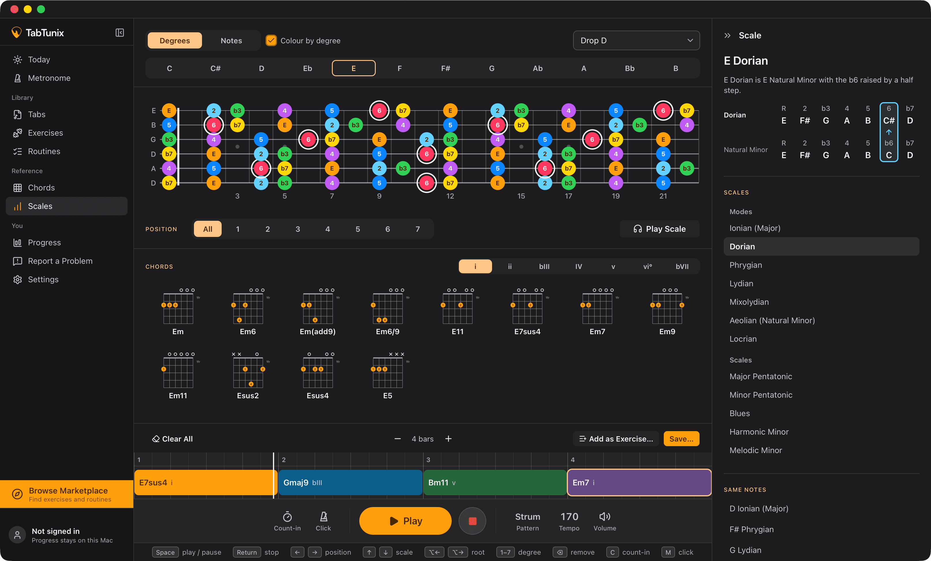 E Dorian across the fretboard in Drop D, every note coloured by its degree, and the chords that fit the scale