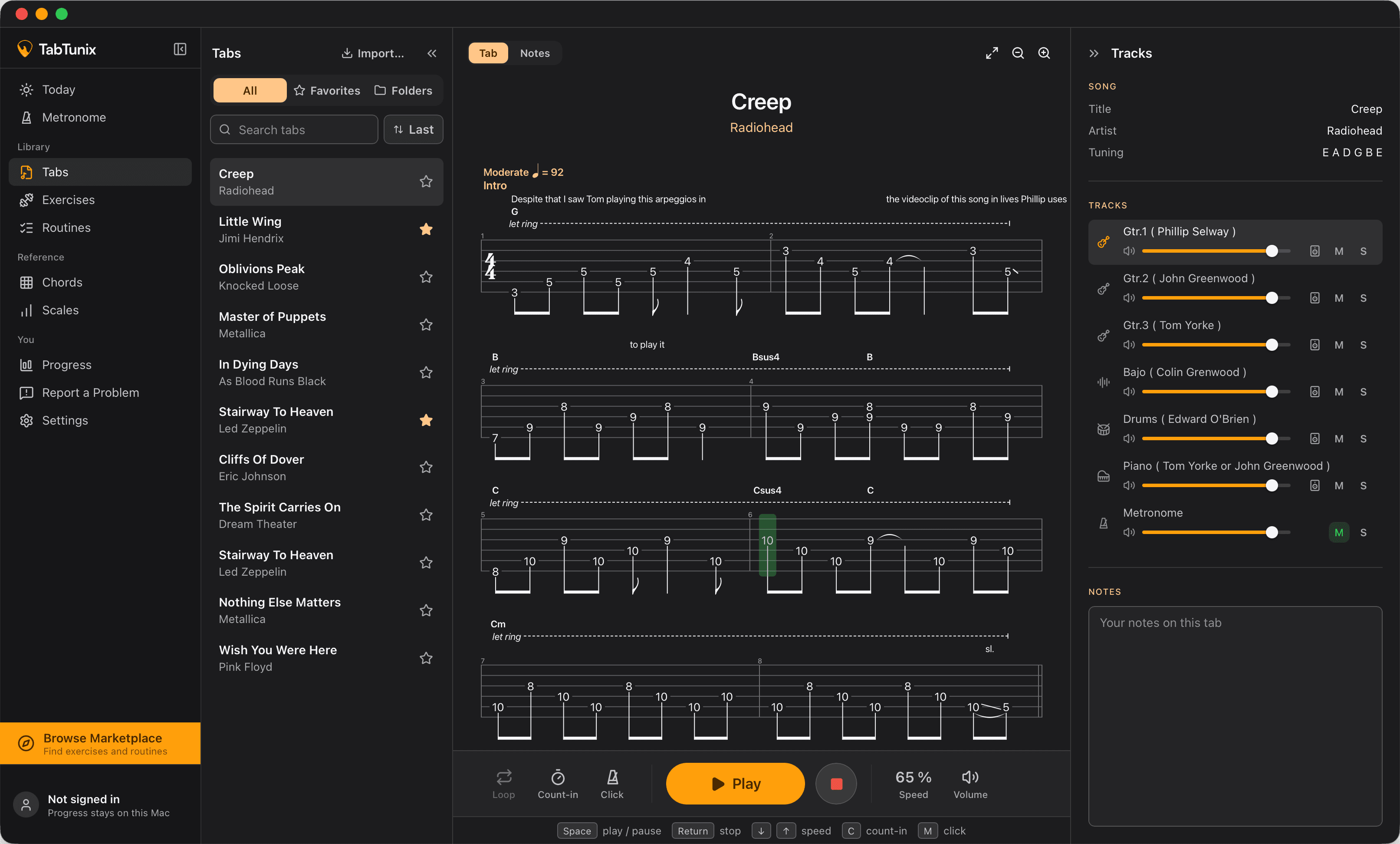 A Guitar Pro tab playing in TabTunix at 65 % speed, the cursor on the note that sounds